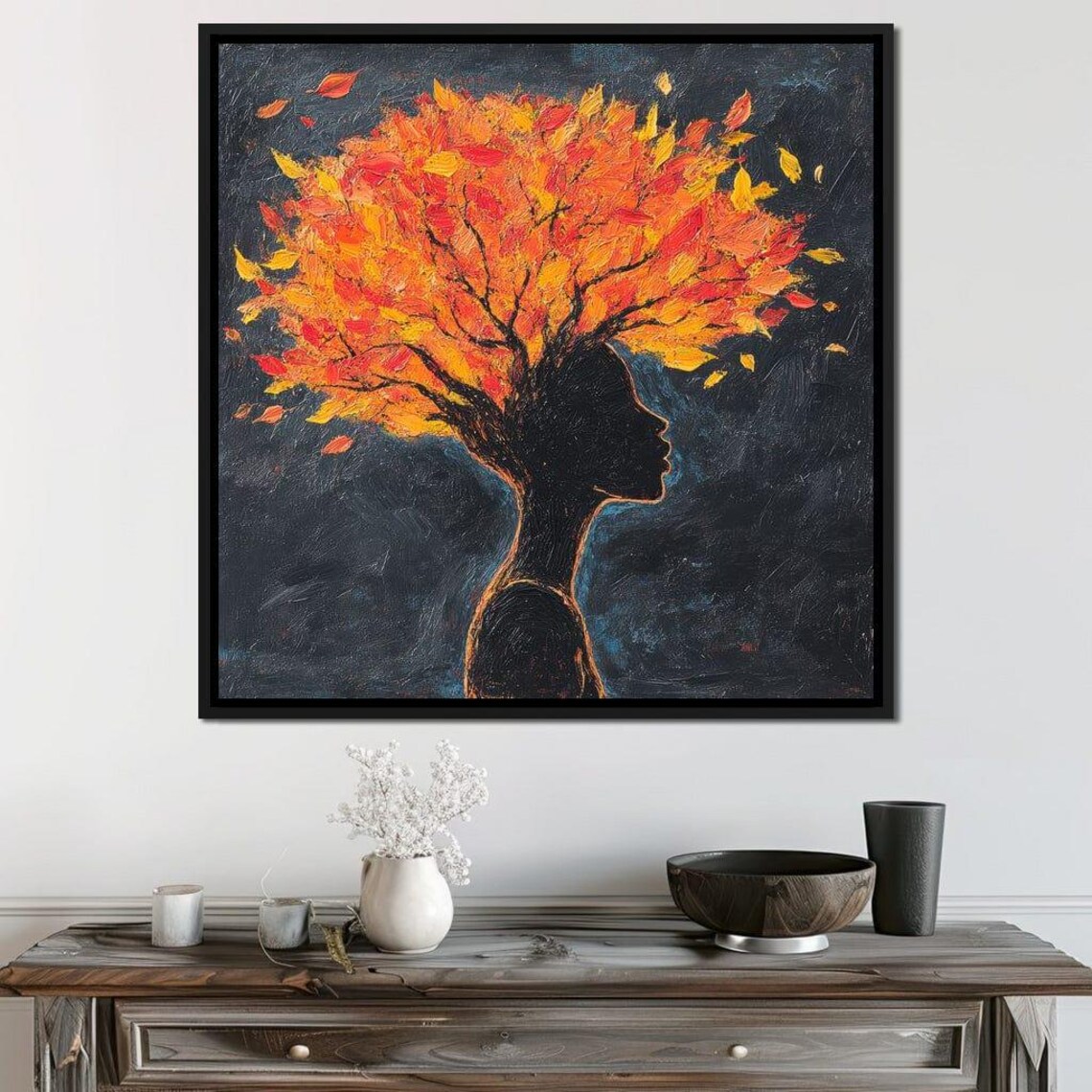 Woman Silhouette Crowned With Fiery Orange Autumn Foliage Hair Poster