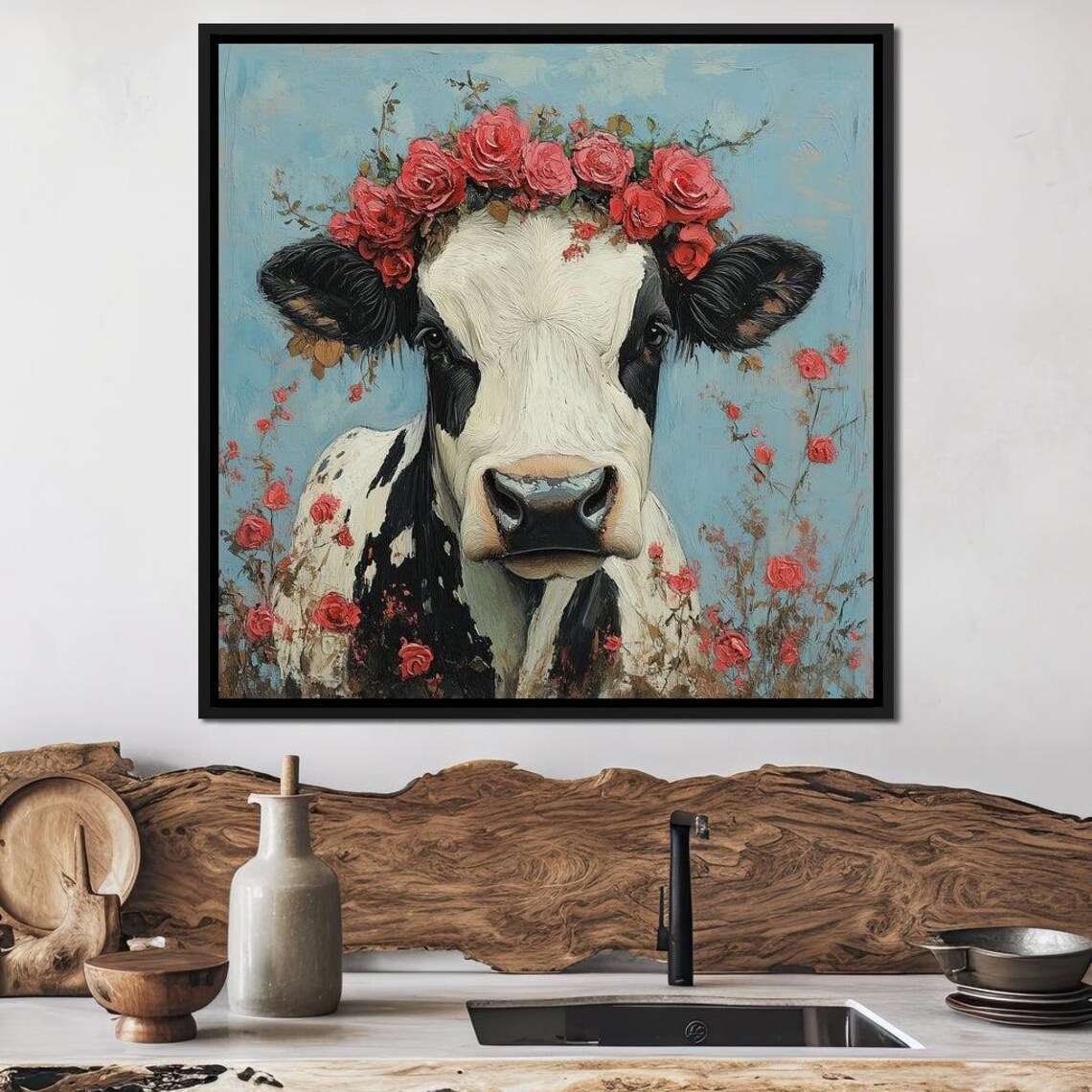 Black And White Cow Red Rose Crown Floral Farmhouse Wall Art Poster