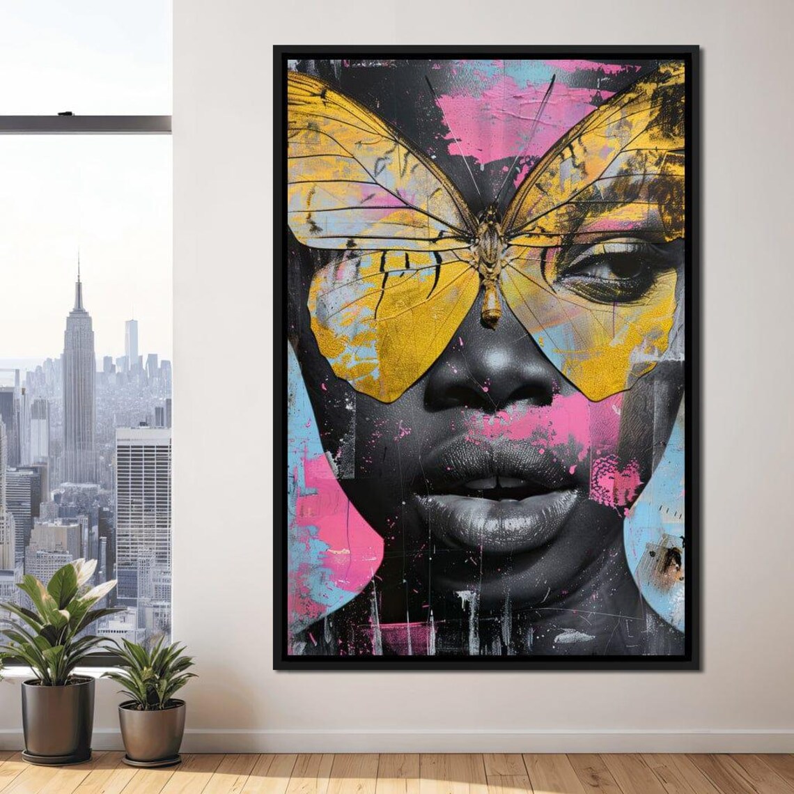 Golden Butterfly Woman Portrait Street Art Pop Urban Face Wall Print