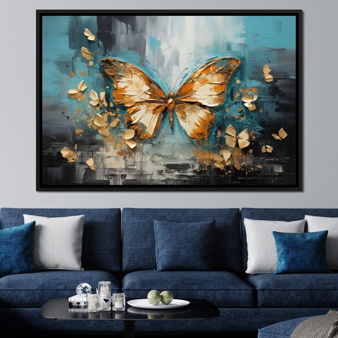 Golden Butterfly Teal Abstract Background Elegant Modern Nature Poster
