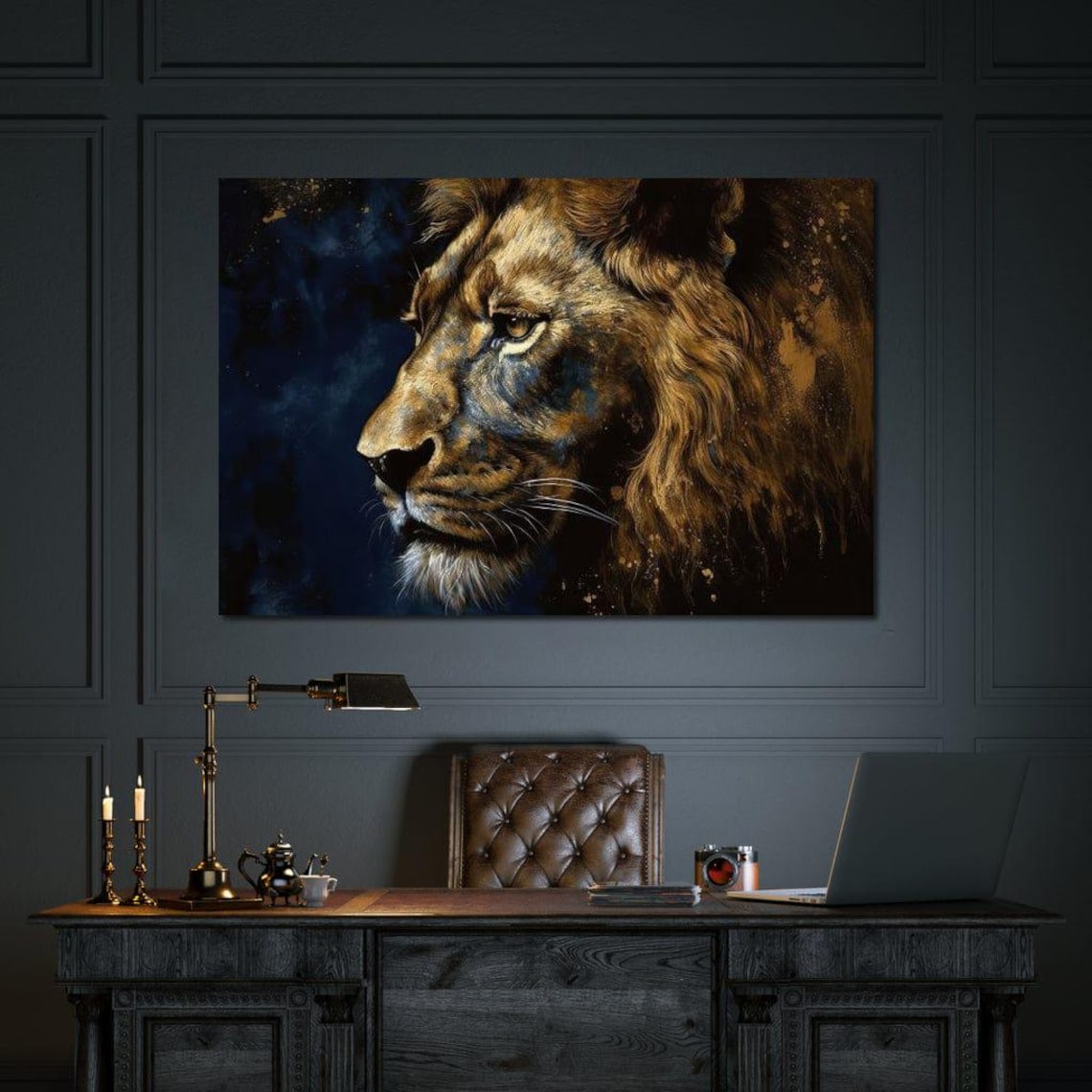 Golden Lion Profile Dark Blue Background Regal Wildlife Art Poster - Image 2