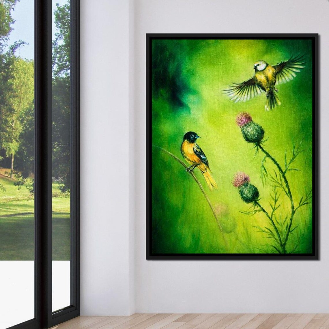 Emerald Songbirds Vibrant Green Nature Pair Of Birds Flying Wall Art - Image 2