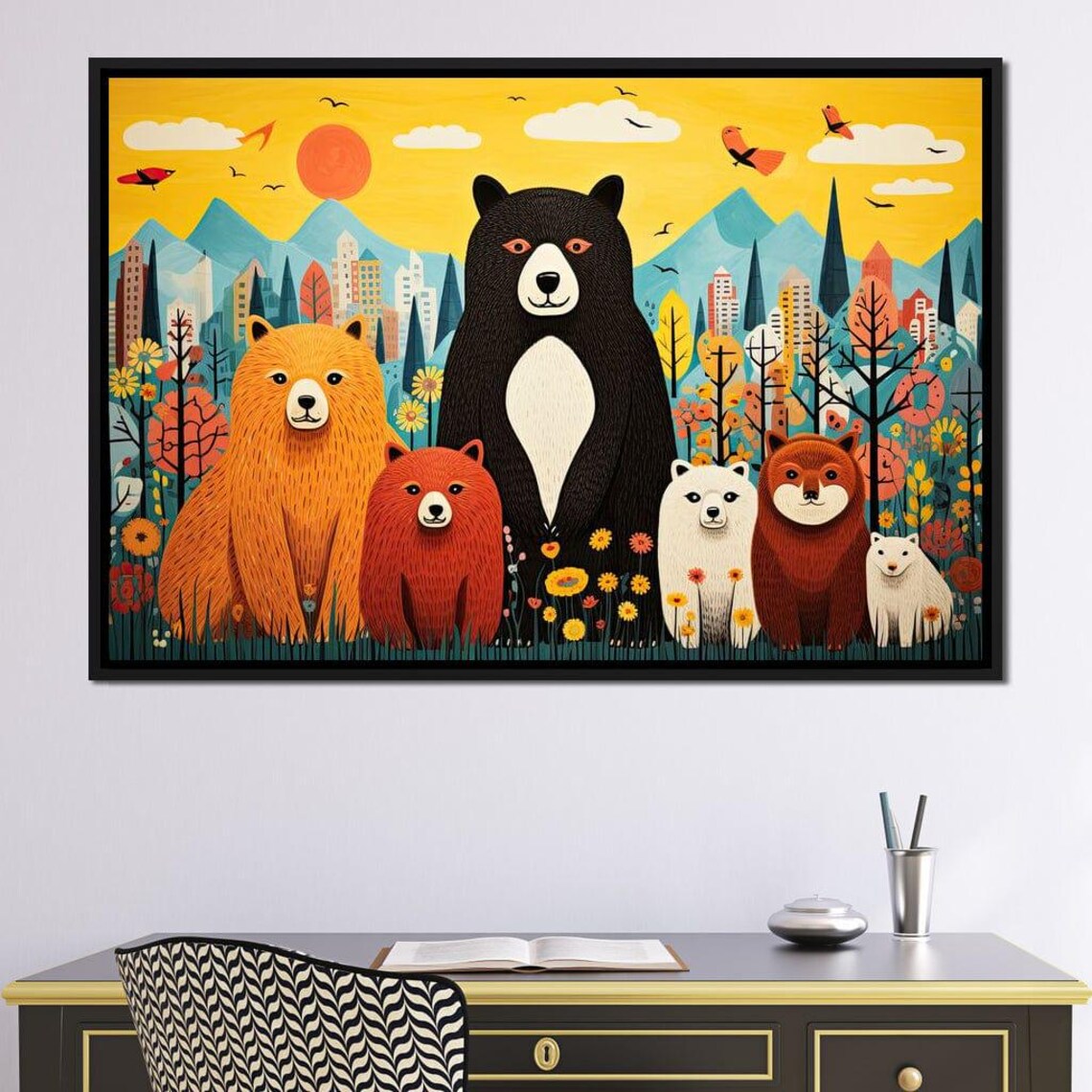 Cute Cartoon Bears Family Flower Meadow City Skyline Kids Room Poster - Image 4