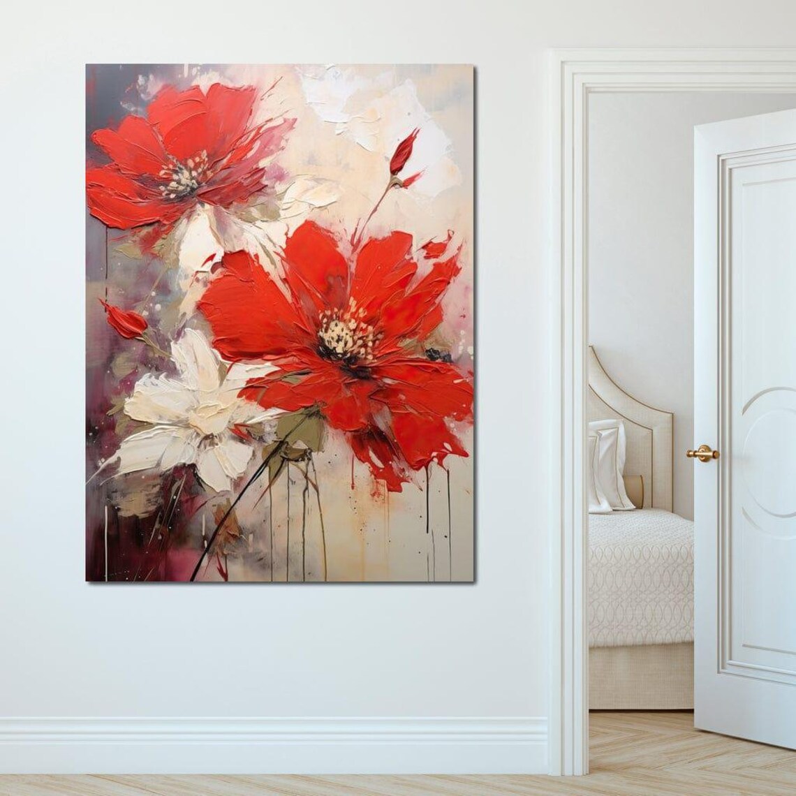 Bold Red White Abstract Poppy Flowers Modern Floral Wall Art Poster - Image 2