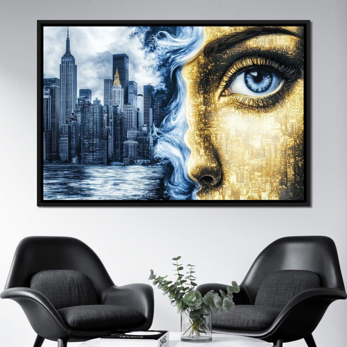 Manhattan Skyline Merging Into Golden Woman Eye Surreal Art Poster - Image 3