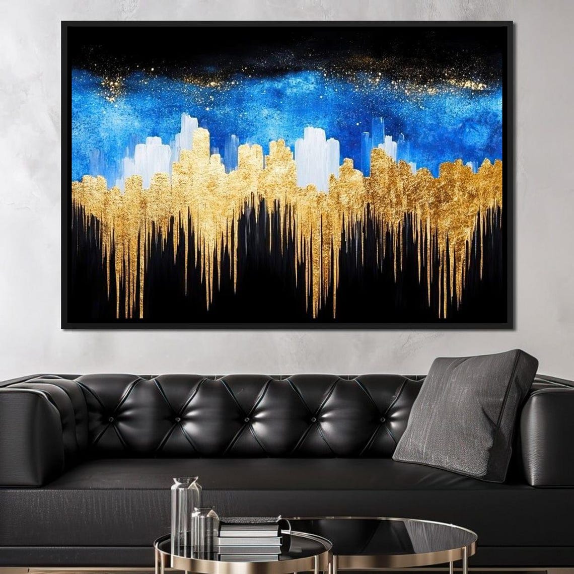 Golden Dripping Skyline Over Blue Starry Night Abstract City Poster