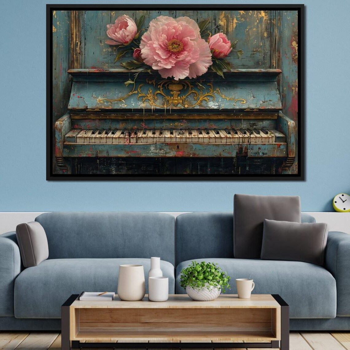 Vintage Blue Upright Piano Pink Peonies Rustic Music Room Decor Poster - Image 3