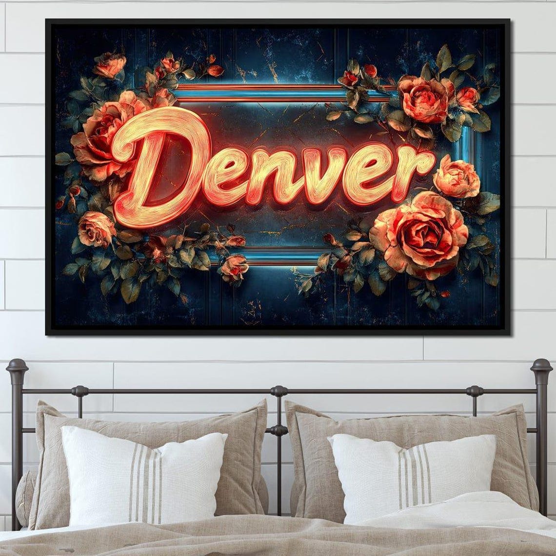 Denver Neon Sign Red Roses Floral Script Typography Wall Art - Image 2