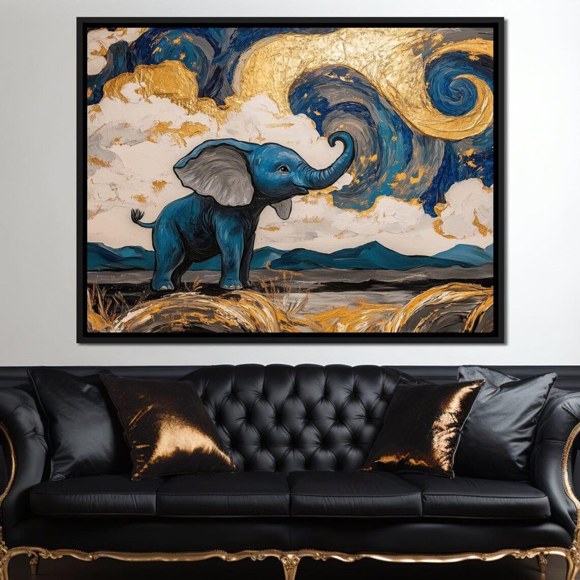 Blue Baby Elephant Starry Night Gold Swirl Sky Whimsical Wall Art Poster - Image 3