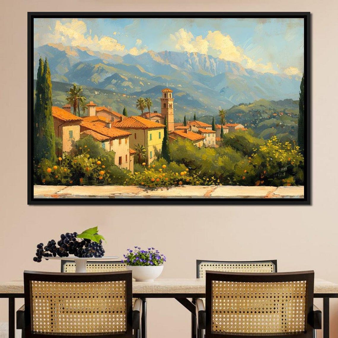 Tuscan Sun Village Terracotta Roofs Church Tower Orange Trees Poster