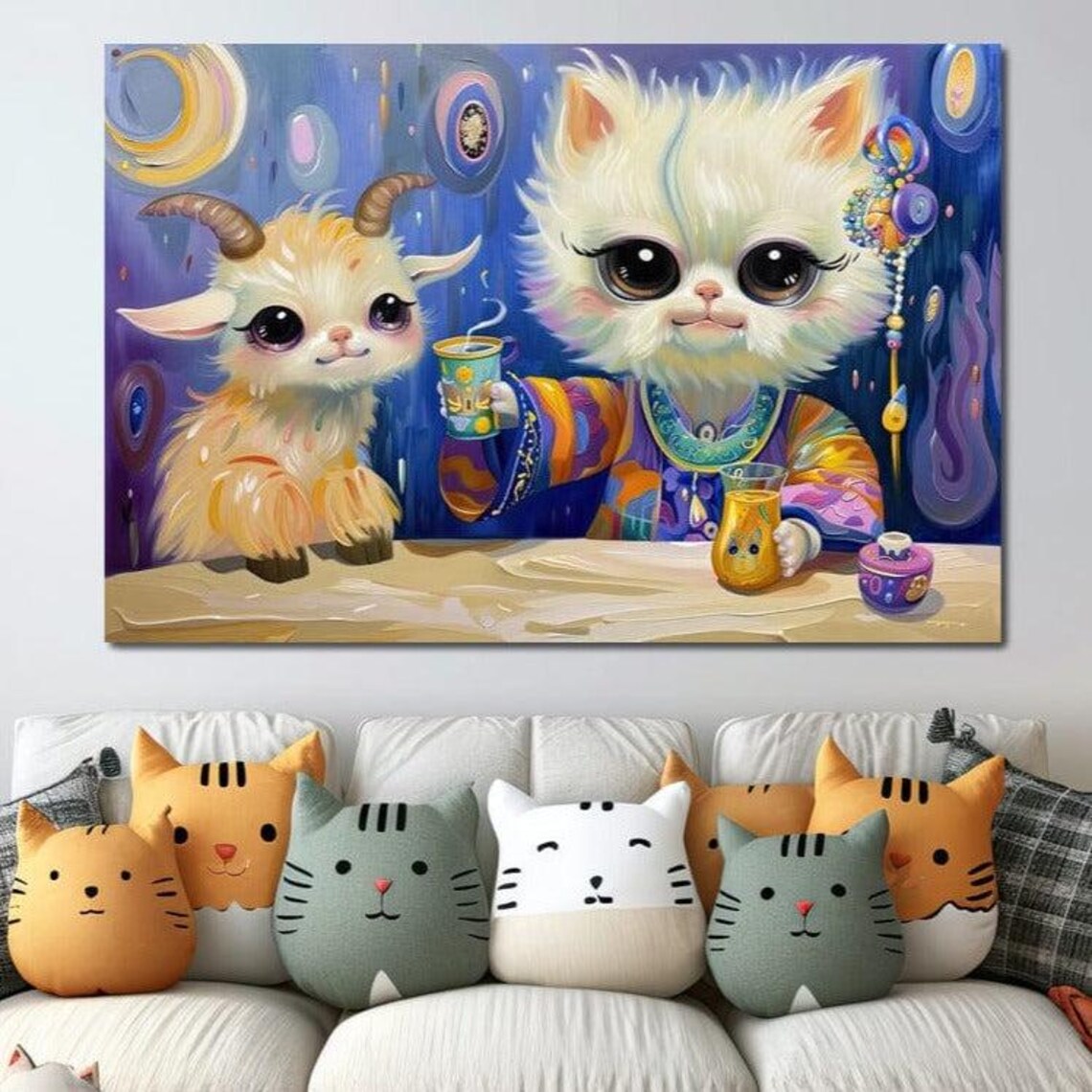 Fantasy Goat And Kitten Tea Party Cute Big Eyes Whimsical Kids Wall Art Poster - Image 3