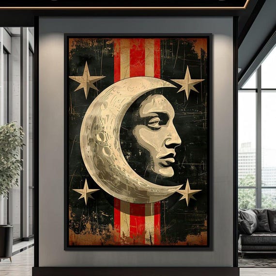 Lunar Sentinel Amidst Stars Print Moon Art Celestial Home Decor Night Sky Theme Ethereal Vertical Wall Art By Nichecanvas