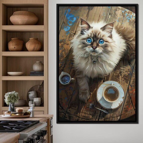 Blue Eyed Fluffy Cat Coffee Table Cute Kitty Portrait Rustic Wall Art