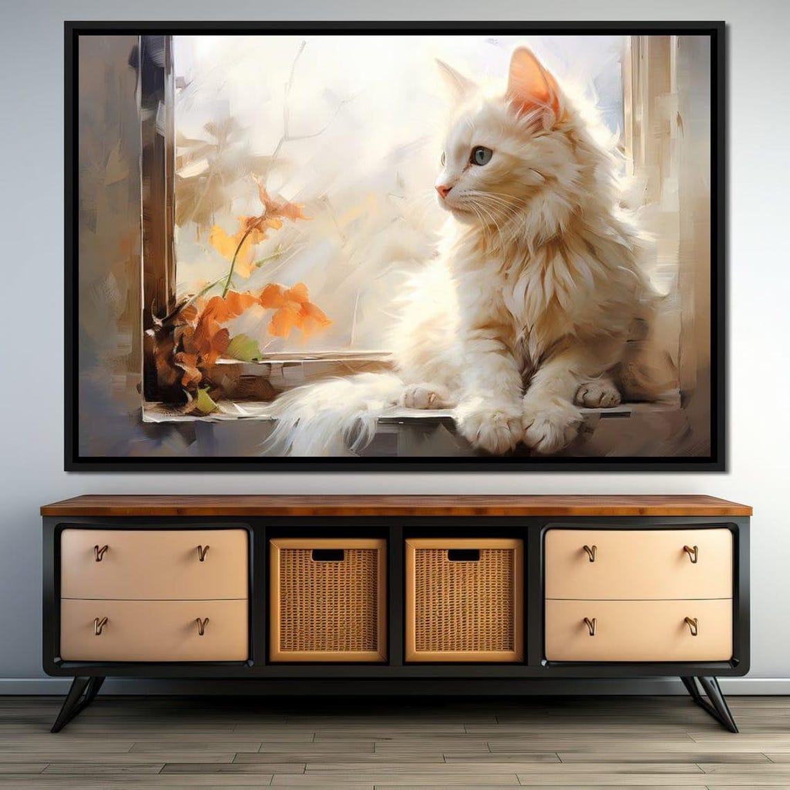 White Fluffy Cat Gazing Out Autumn Windowsill Cozy Art Print - Image 4