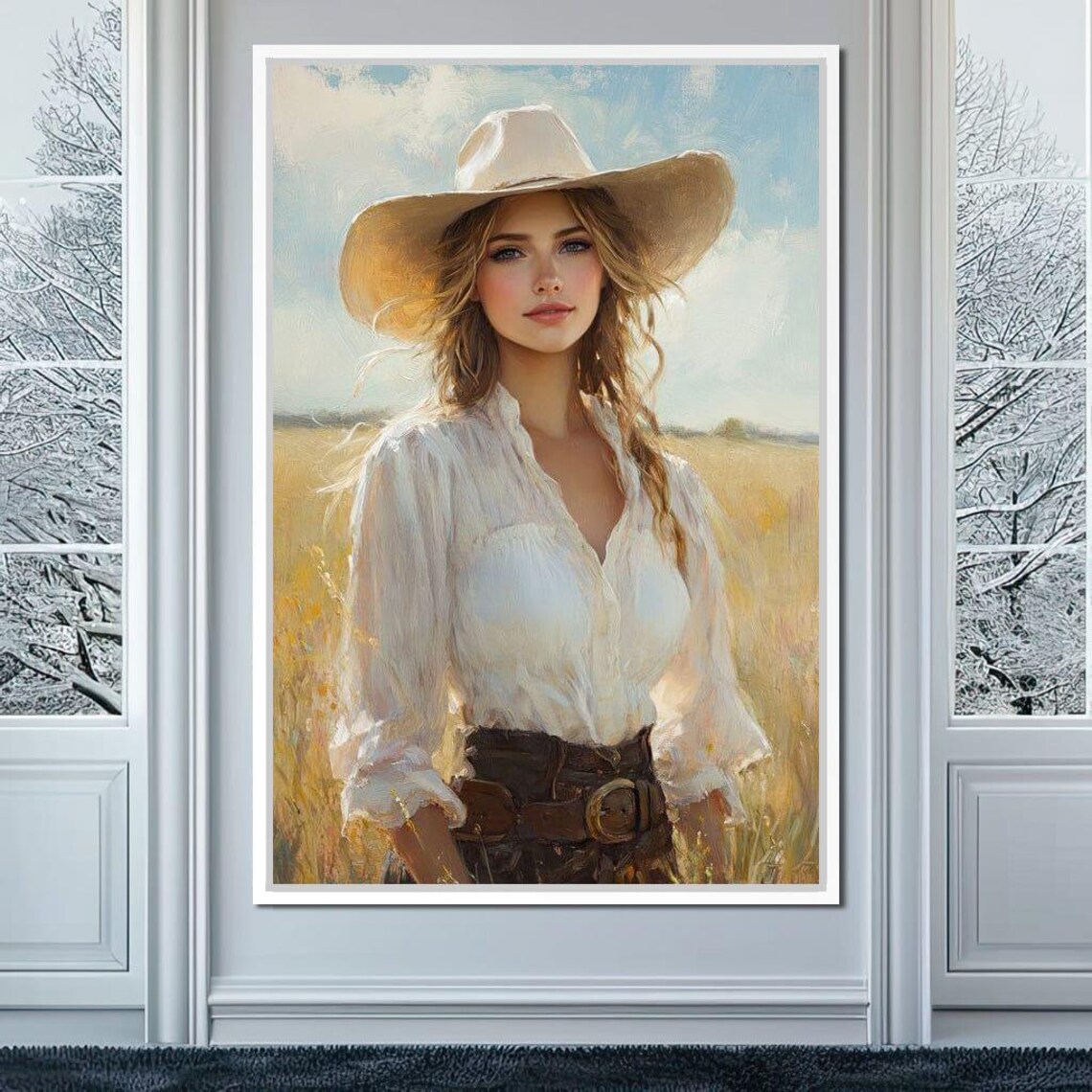 Sunlit Cowgirl Golden Fields White Hat Western Portrait Art Poster - Image 3