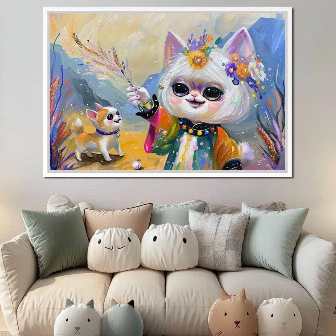 Whimsical Wizard Cat With Puppy Pal Colorful Fantasy Kids Wall Art