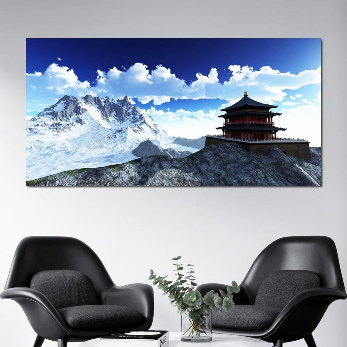 Serene Mountain Temple Peak Snowy Buddhist Shrine Landscape Poster - Image 2