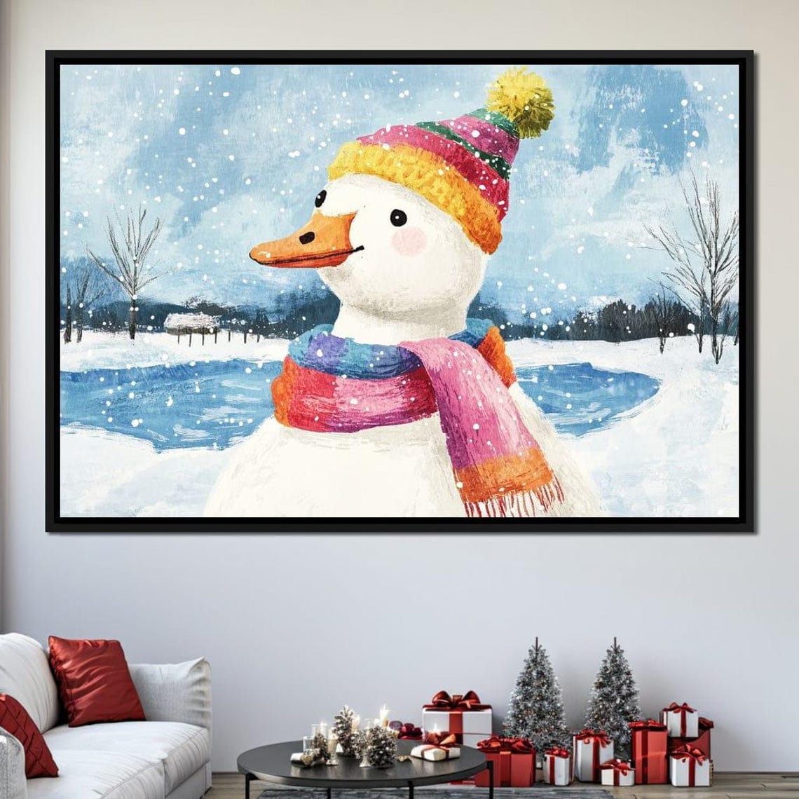 Cozy White Duck In Rainbow Knit Hat And Scarf In Snowy Winter Poster