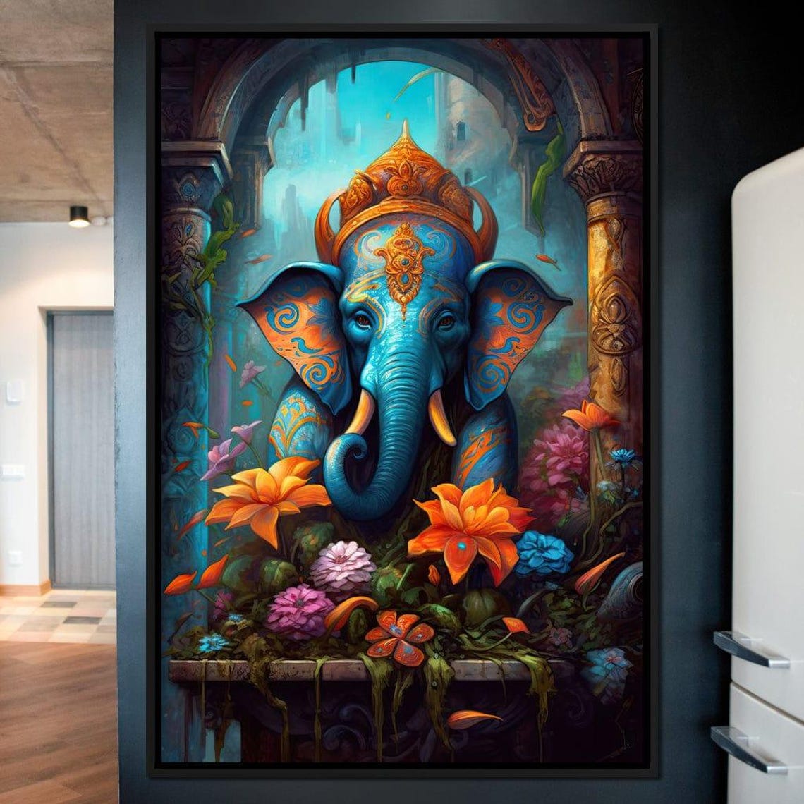 Ganesha Blue Elephant God Temple Arch Orange Bloom Spiritual Wall Art