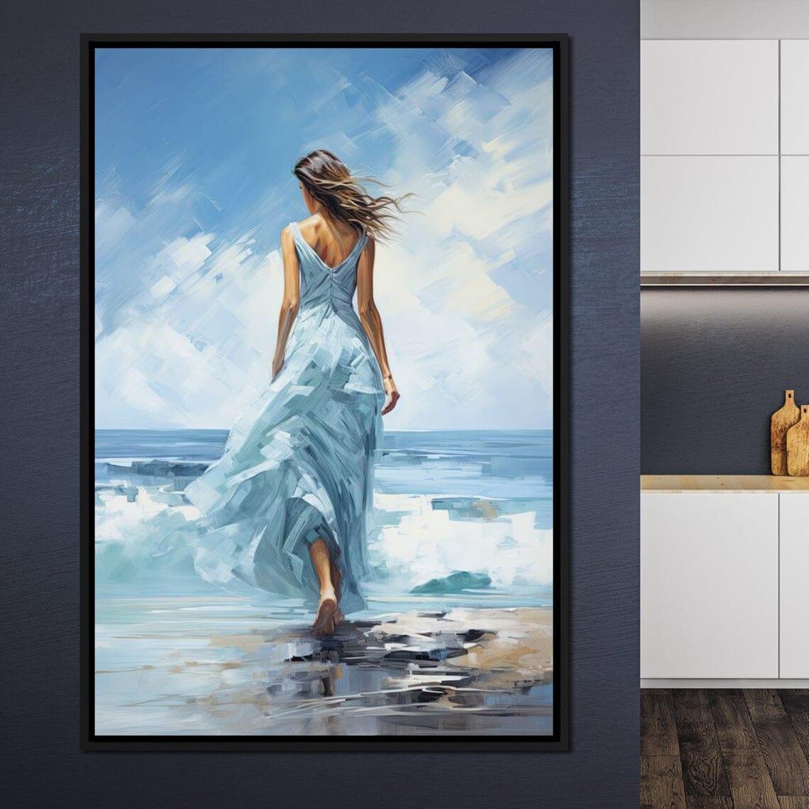 Woman Blue Dress Walking Beach Ocean Waves Serene Wall Art Print