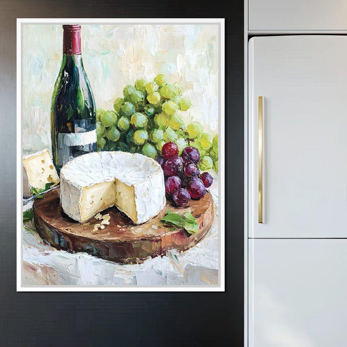 Wine Bottle Brie Cheese And Fresh Grapes Rustic Still Life Poster