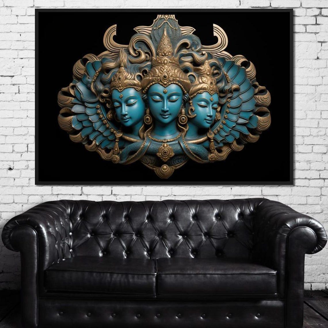 Blue Hindu Deities Five Panel Spiritual Gold Crown Wall Art Print - Image 4