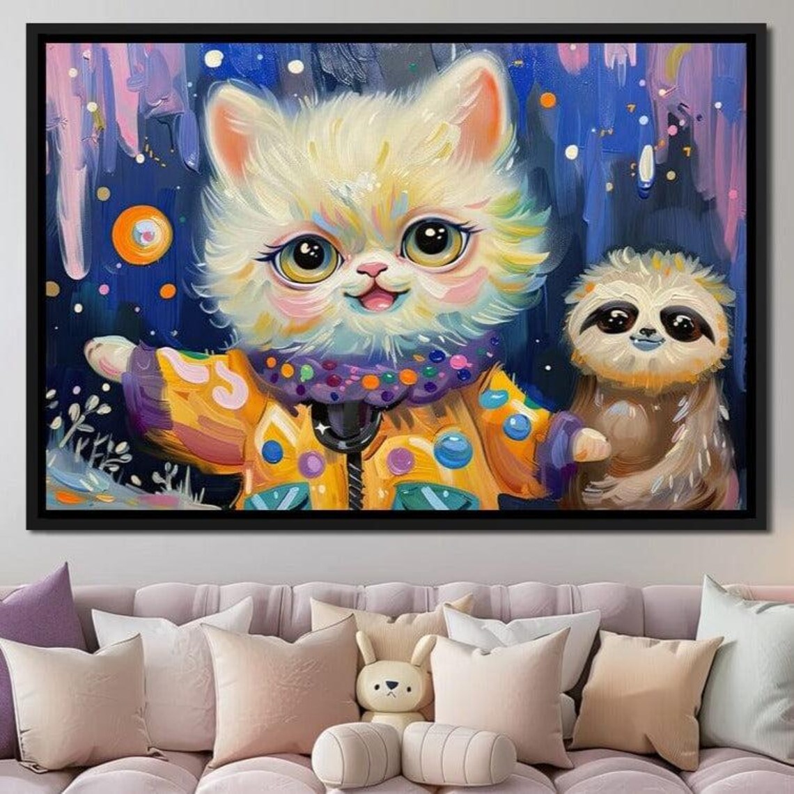 Cute White Kitten And Baby Sloth Starry Night Kids Room Art Poster