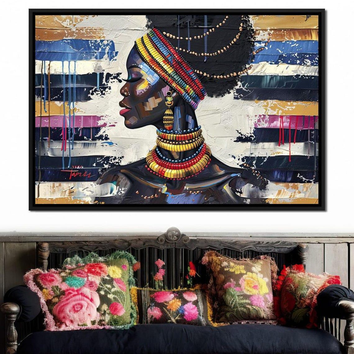 African Woman Striped Headwrap Beaded Necklaces Profile Wall Art - Image 4