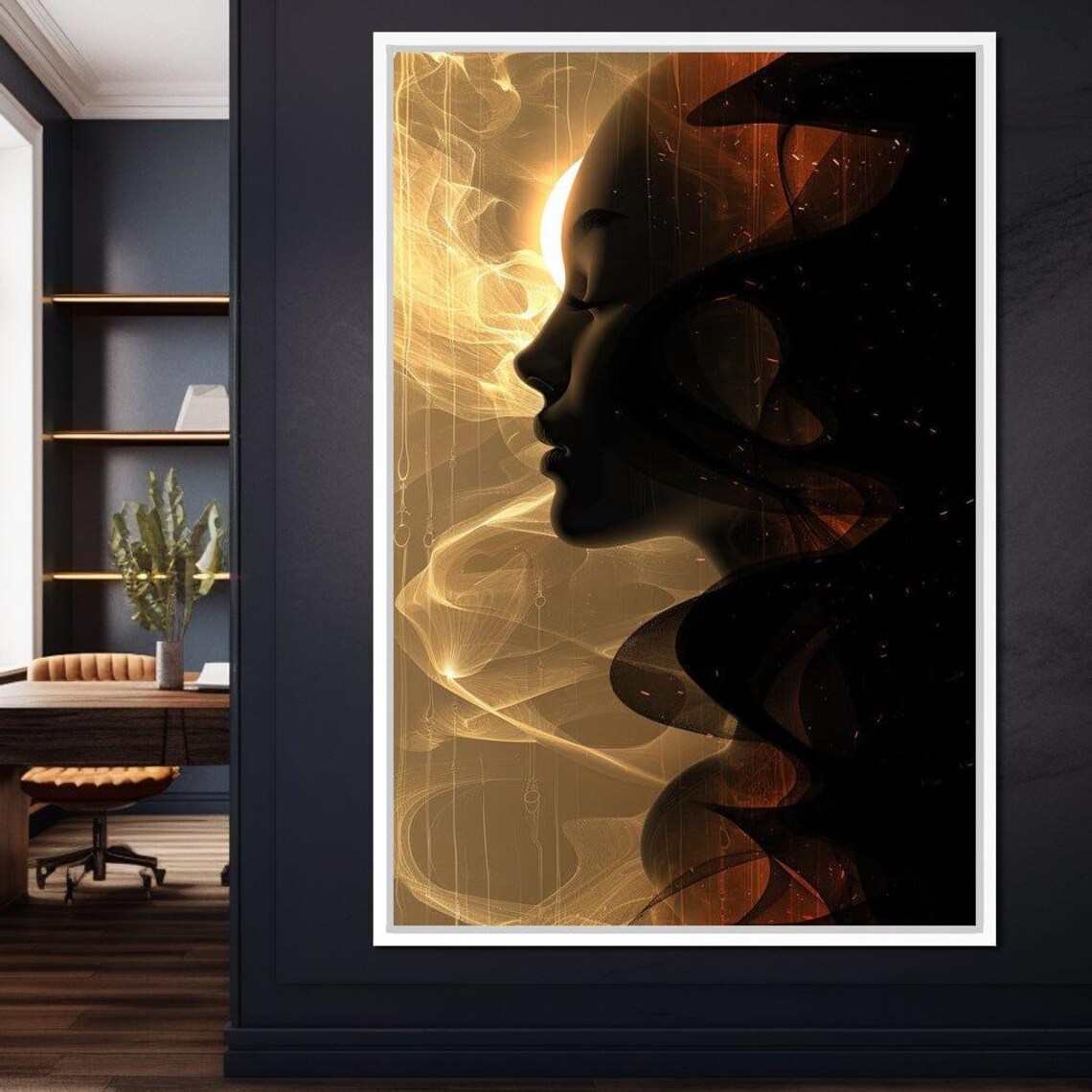 Golden Veil Woman Profile In Black And Gold Light Abstract Art Poster - Image 2