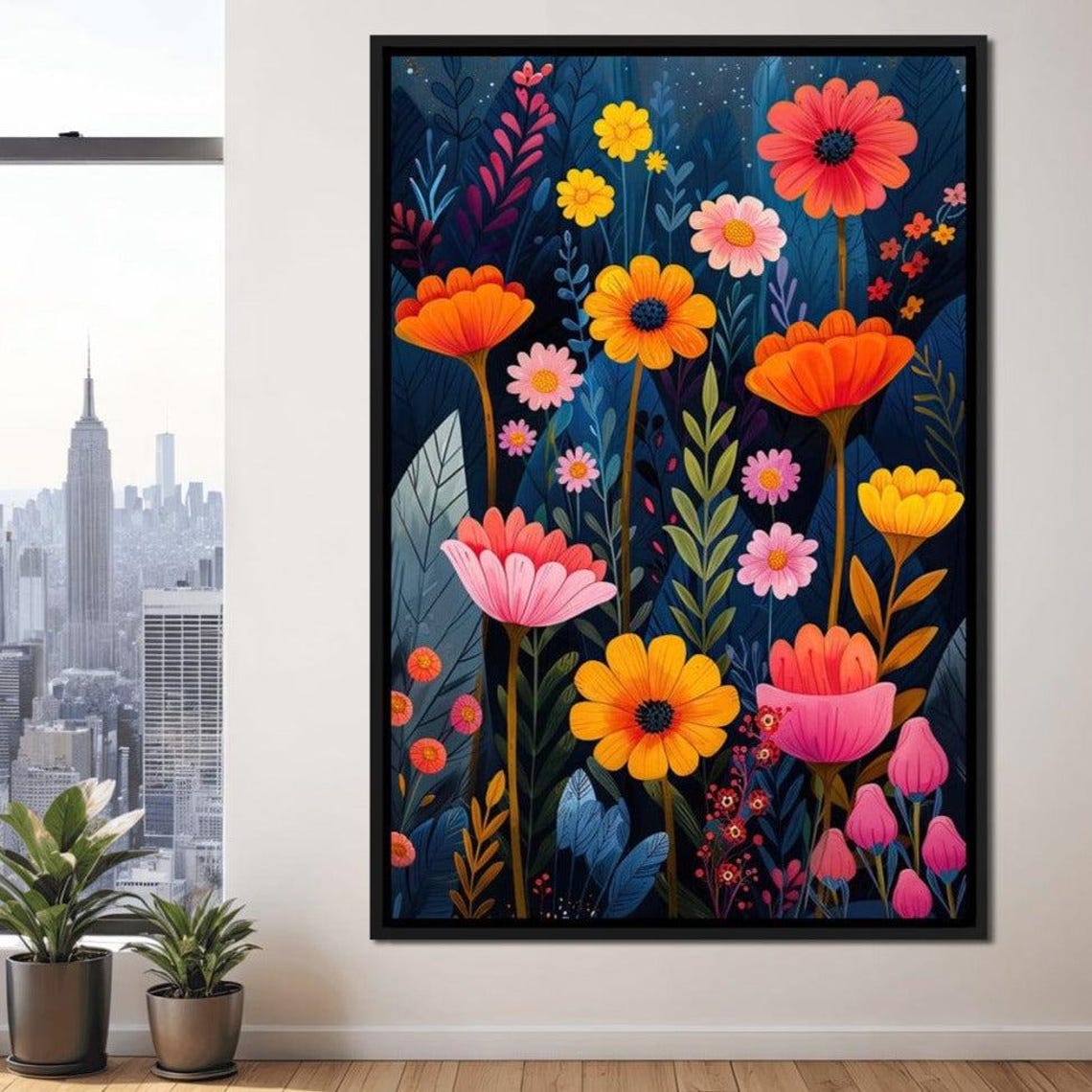 Colorful Wildflowers Moonlit Navy Night Botanical Meadow Wall Art