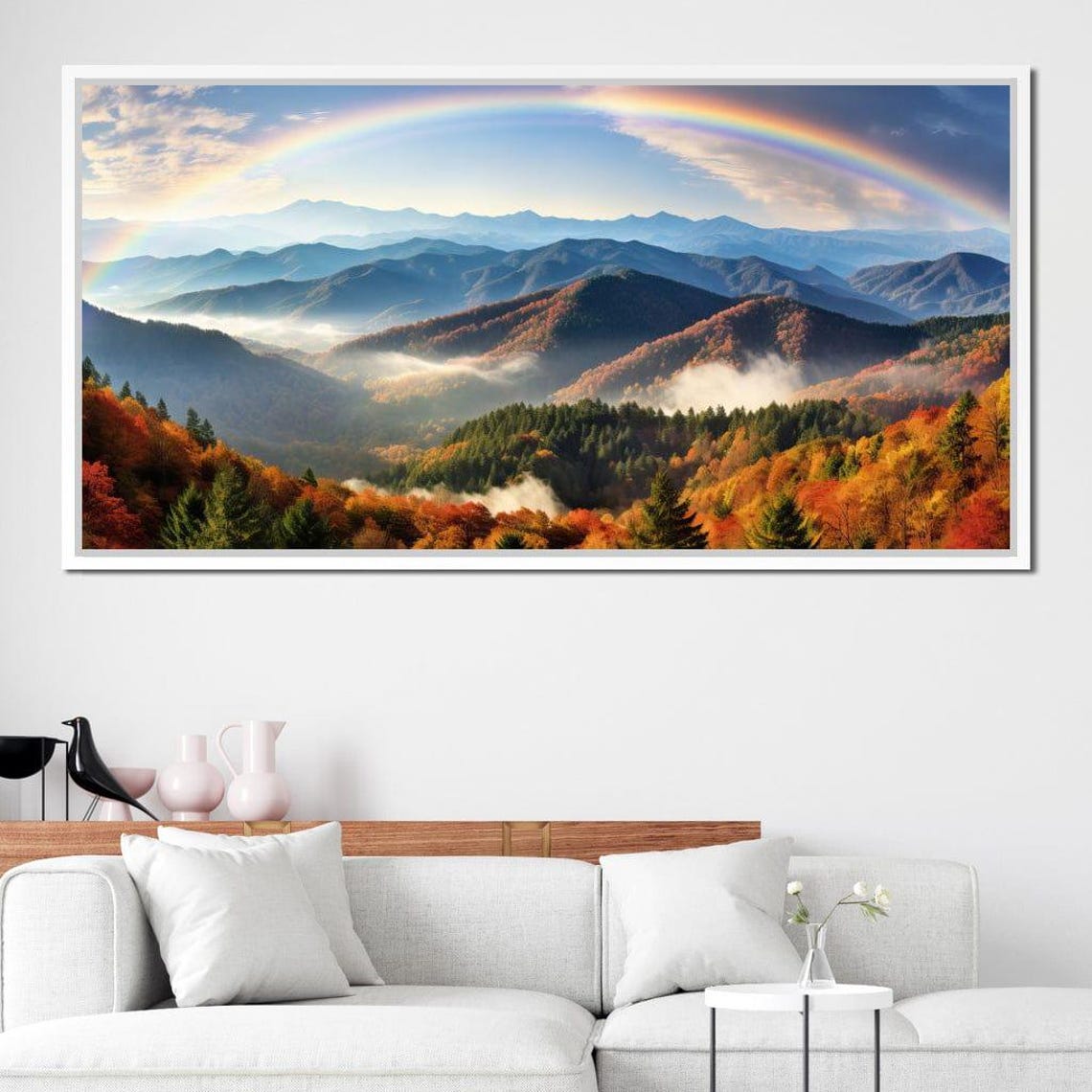 Rainbow Over Misty Autumn Mountain Valleys Fall Landscape Art Poster - Image 4