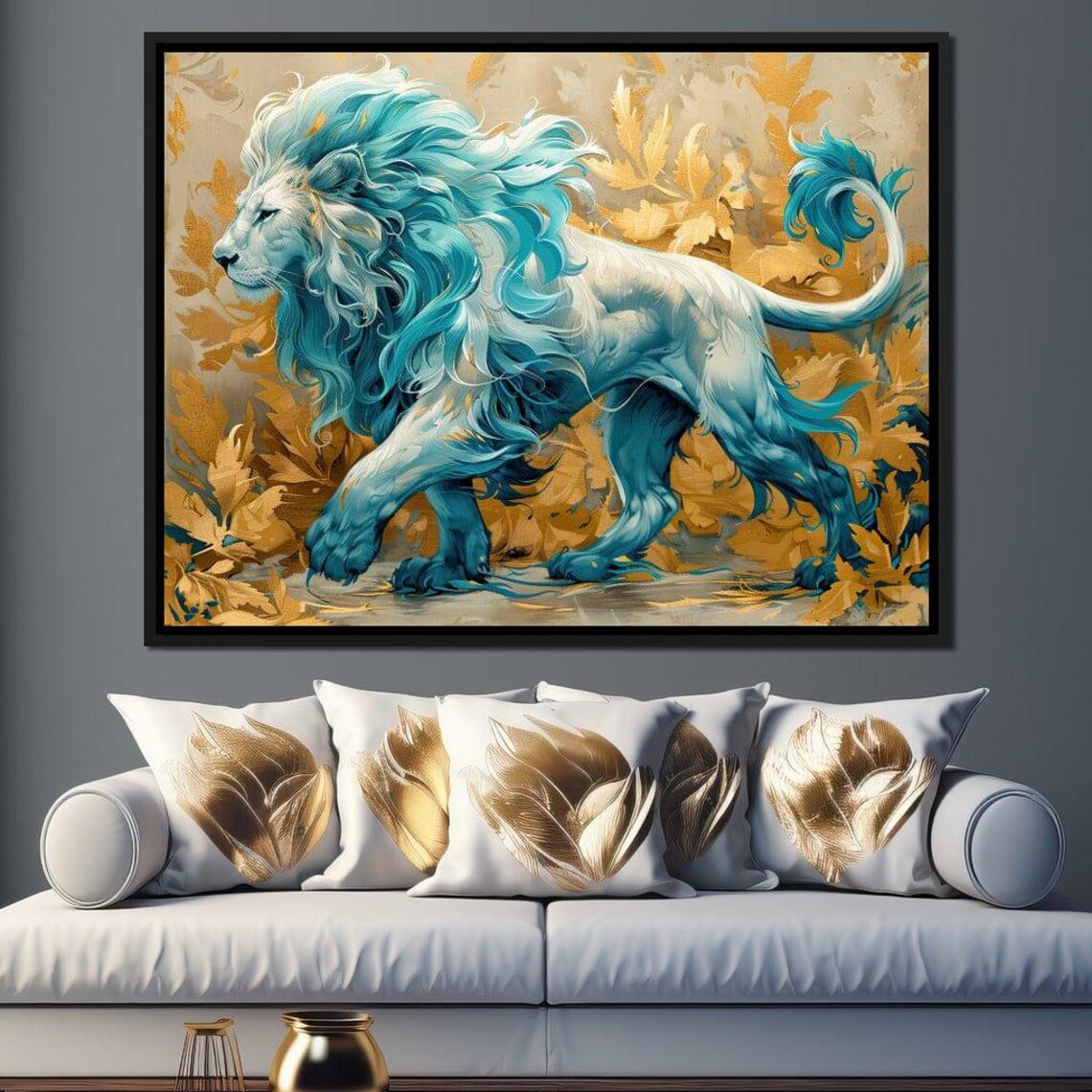 White Lion Turquoise Mane Majestic Big Cat Golden Leaves Art Poster - Image 2