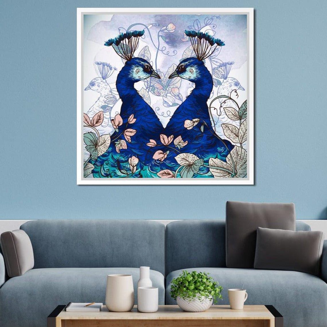 Blue Floral Peacocks Art Print