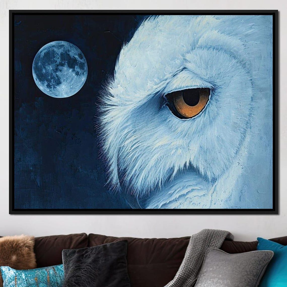 Snowy White Owl Amber Eye Full Moon Midnight Blue Wildlife Poster - Image 3