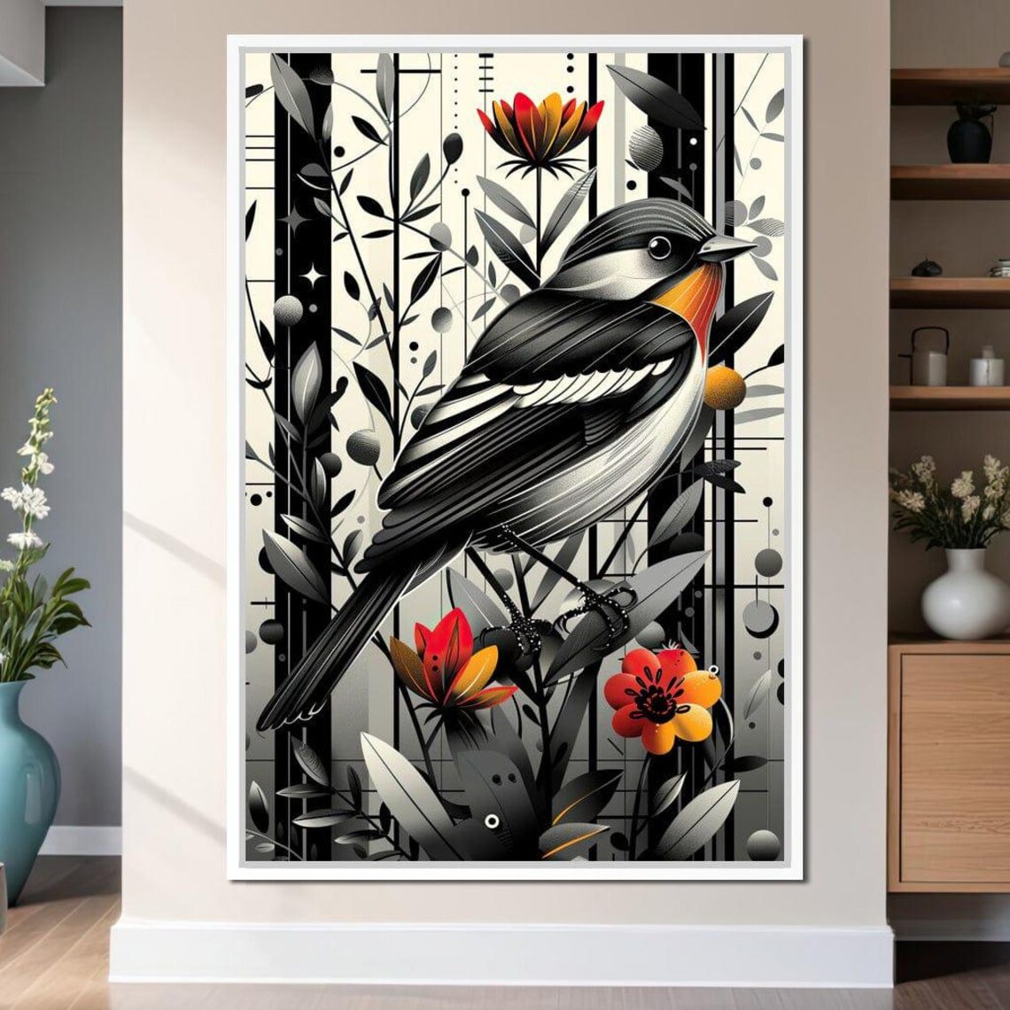Songbird Orange Throat Red Blossoms Monochrome Nature Art Poster - Image 2