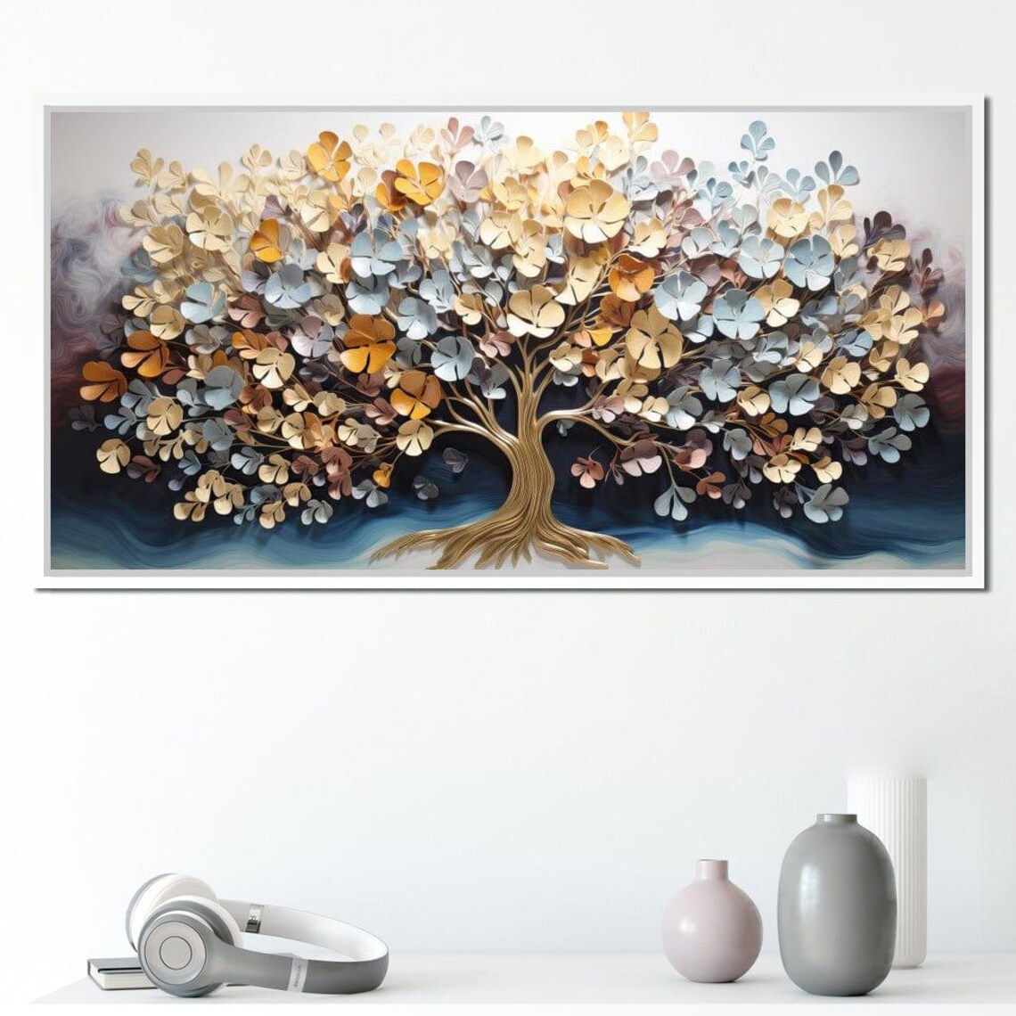 Golden Tree Of Life Pastel Blossom Leaves Panoramic Nature Wall Art - Image 2
