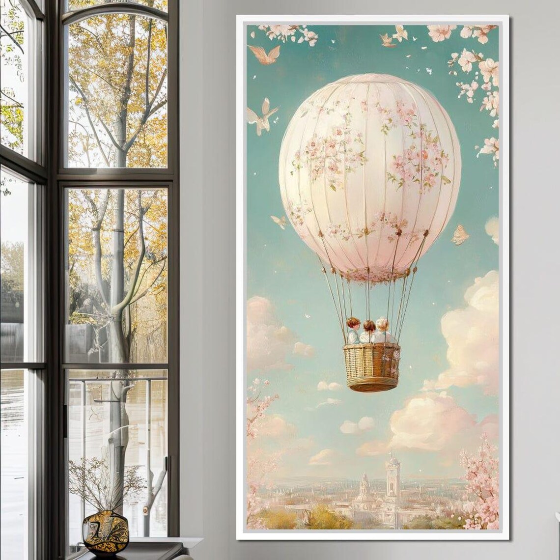 Dreamy Pastel Hot Air Balloon Floral Sky Nursery Kids Wall Art - Image 3