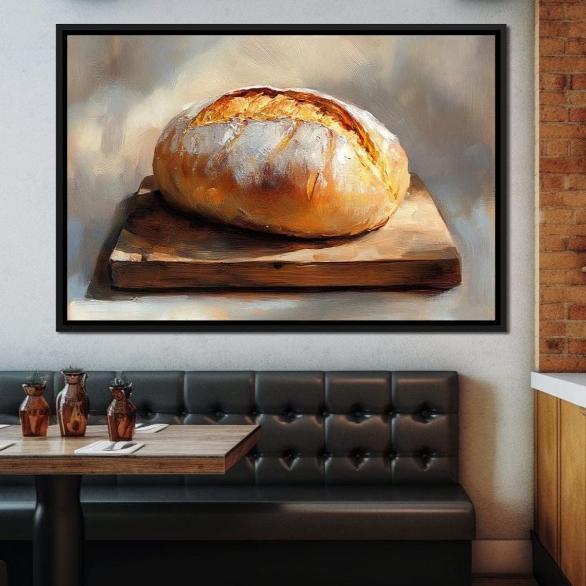 Rustic Artisan Bread Loaf Wooden Board Golden Crust Kitchen Poster