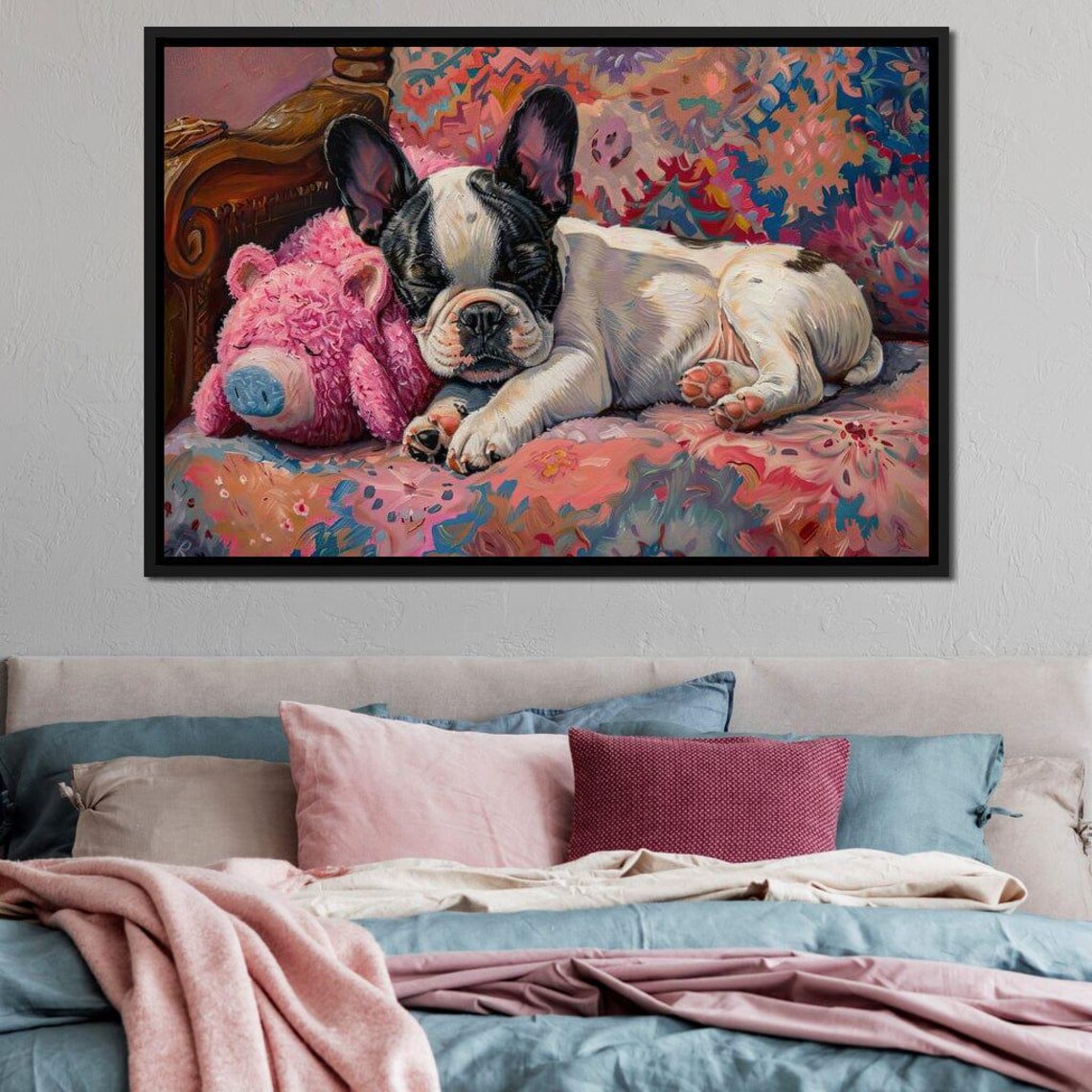 Sleeping French Bulldog Puppy Pink Pig Toy Cozy Oil Painting Wall Art - Image 3