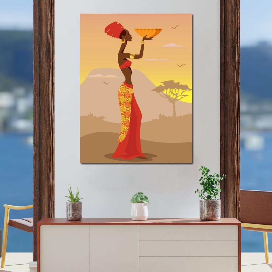 African Woman Red Dress Holding Bowl Sunset Savanna Acacia Tree Poster - Image 4