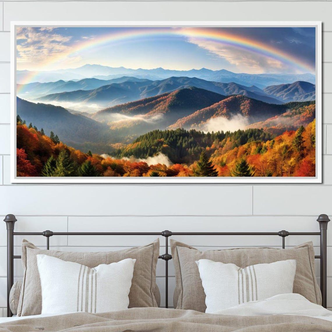 Rainbow Over Misty Autumn Mountain Valleys Fall Landscape Art Poster - Image 2