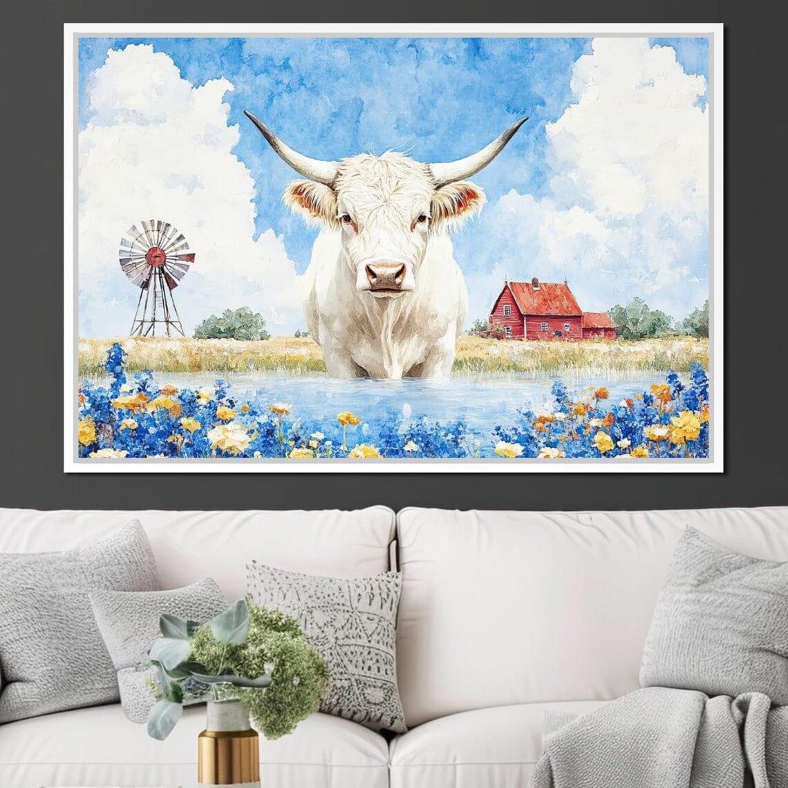 White Longhorn Cow Wading Through Wildflowers At A Country Farm Poster