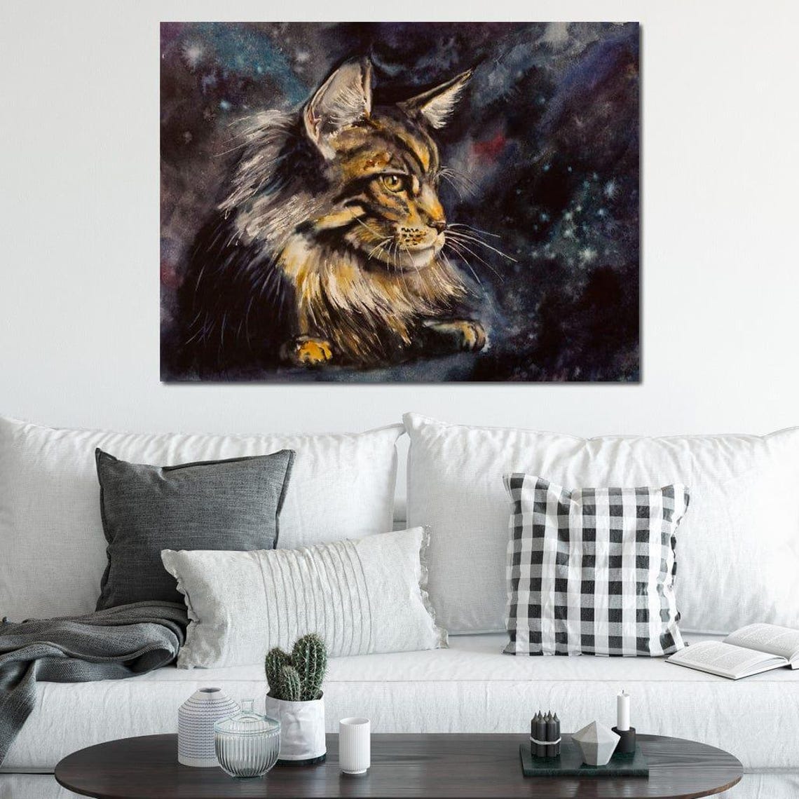 Maine Coon Cat Watercolor Night Sky Celestial Feline Wall Art - Image 4