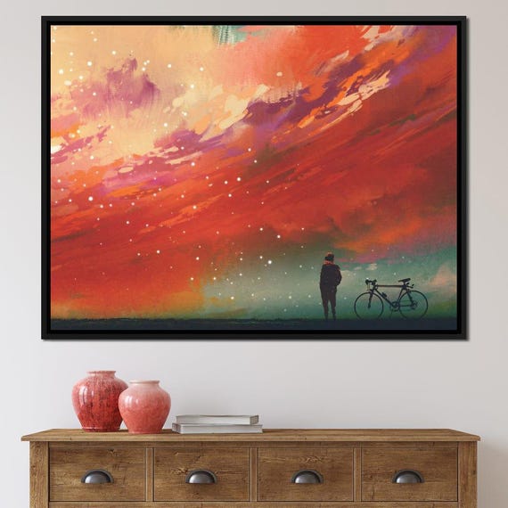 Admiring The Red Clouds Scenic Art Print Sunset Bike Ride Nature Wall Decor Fantasy Landscape Space Starry Sky By Nichecanvas
