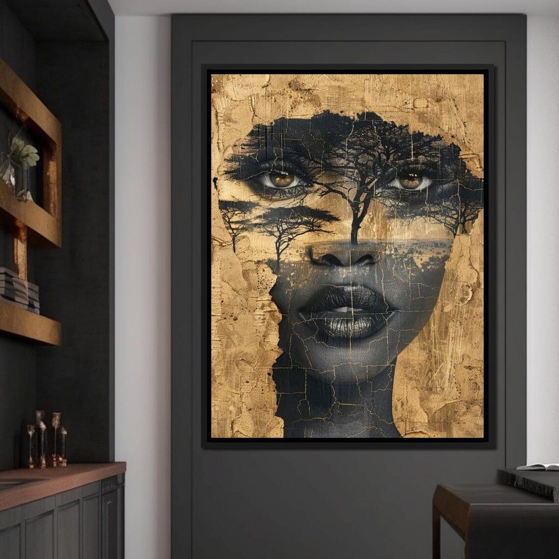 Golden Savanna Face Cracked Gold Acacia Tree Portrait Wall Art