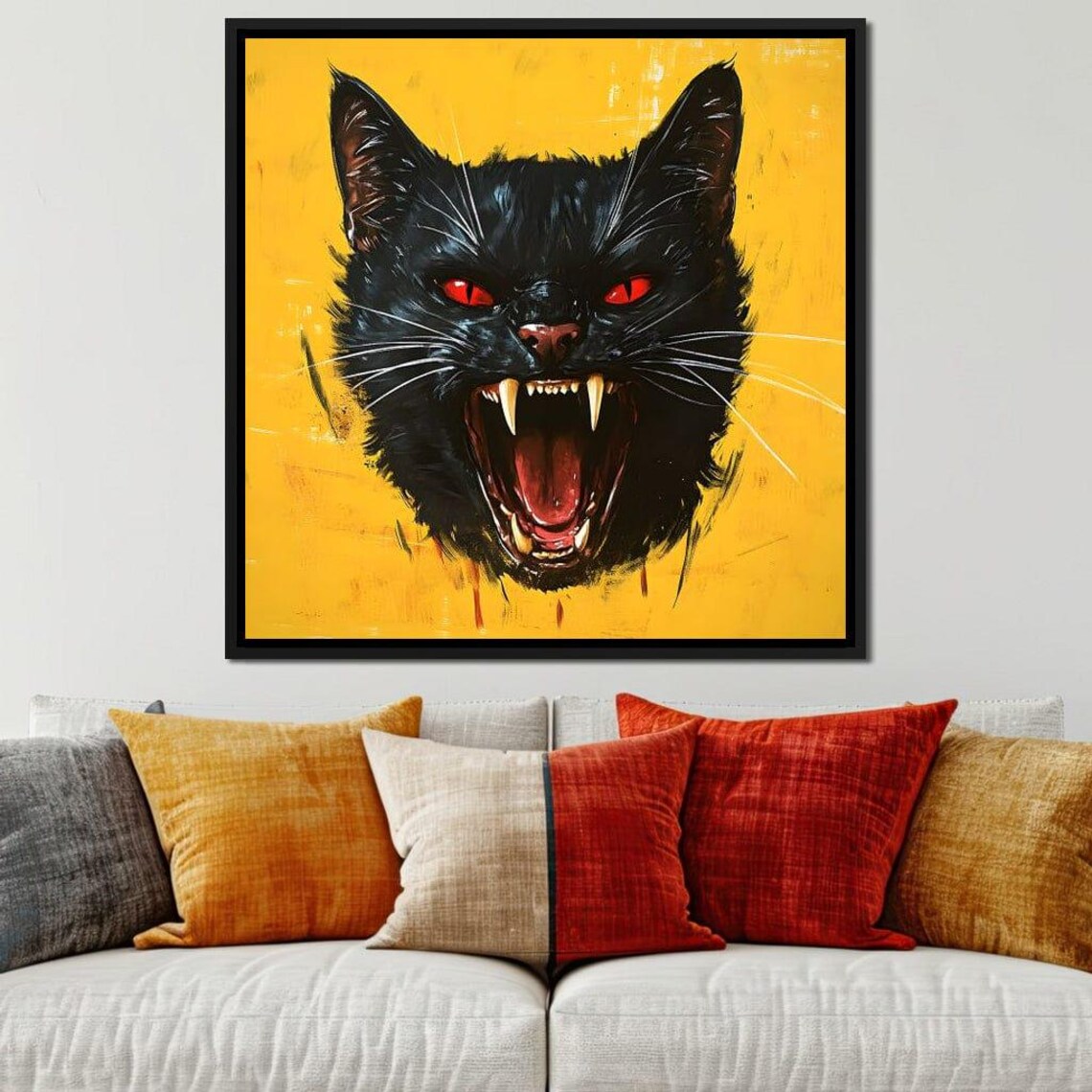 Hissing Black Cat with Red Eyes and Fangs on Bright Yellow Poster - Image 2