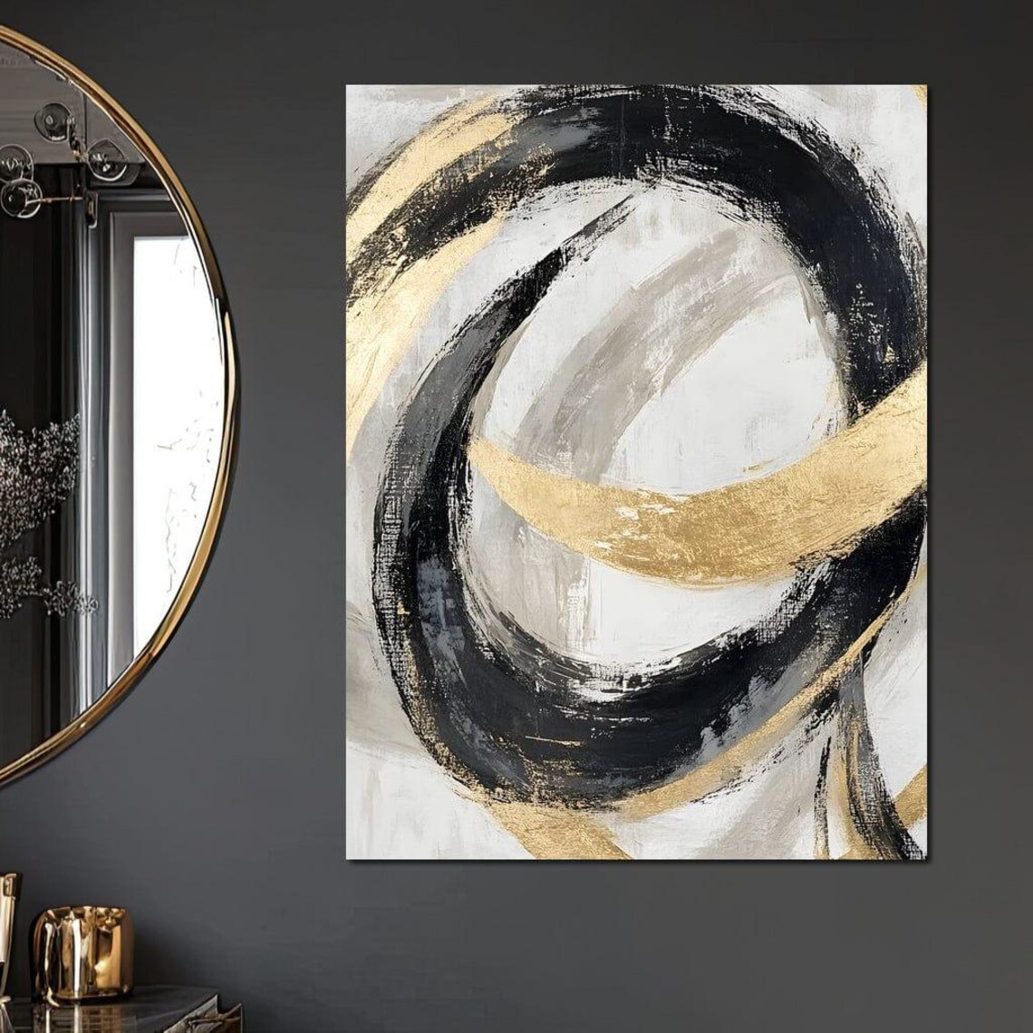 Black and Gold Circular Brushstroke Abstract Modern Wall Poster - Image 4