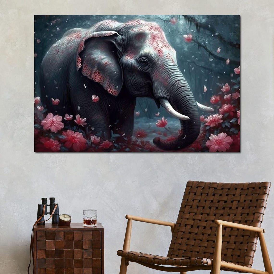 Majestic Elephant Pink Blossoms Misty Forest Nature Inspired Wall Art - Image 3