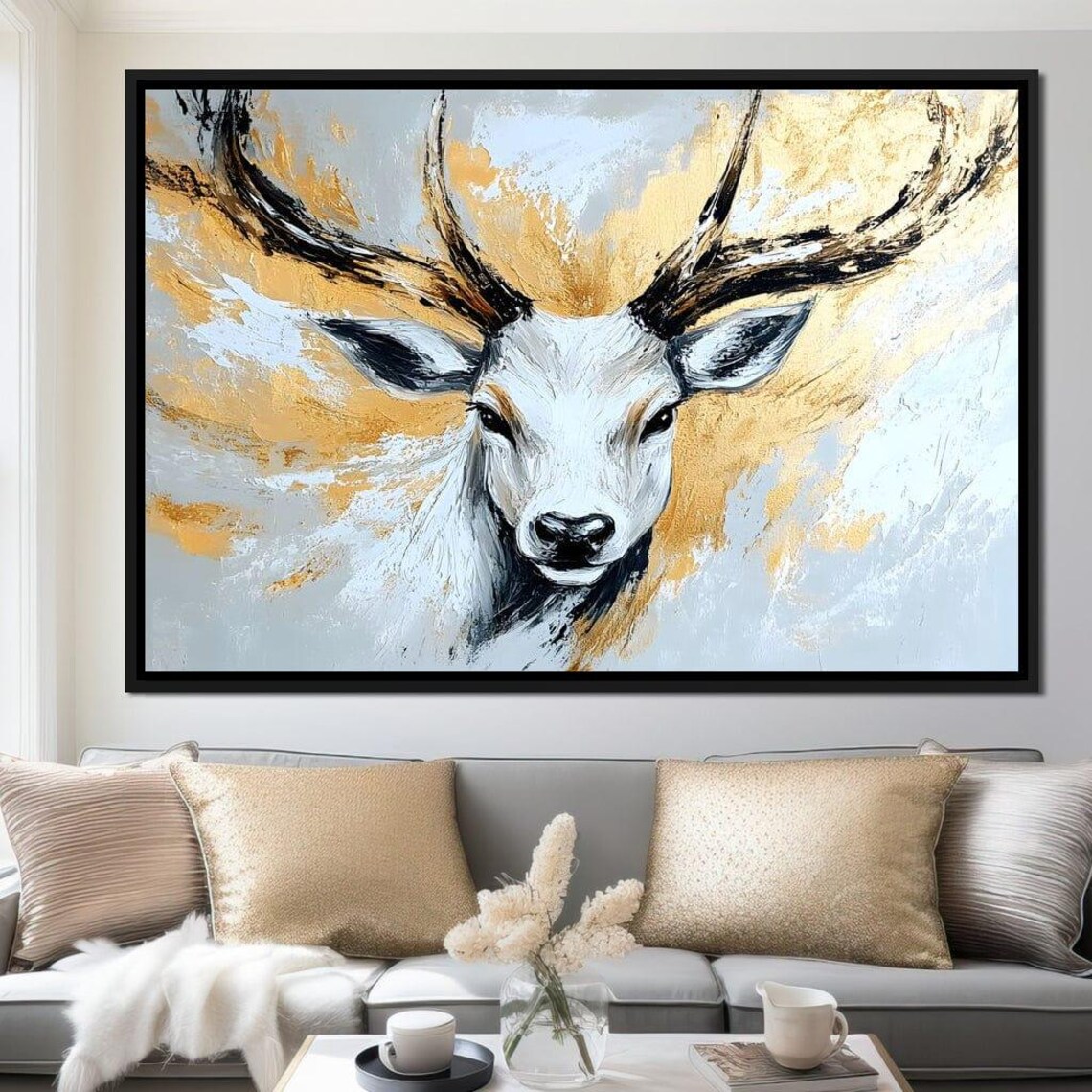 Frontal White Stag with Dark Antlers in Gray and Gold Swirls Poster - Image 4