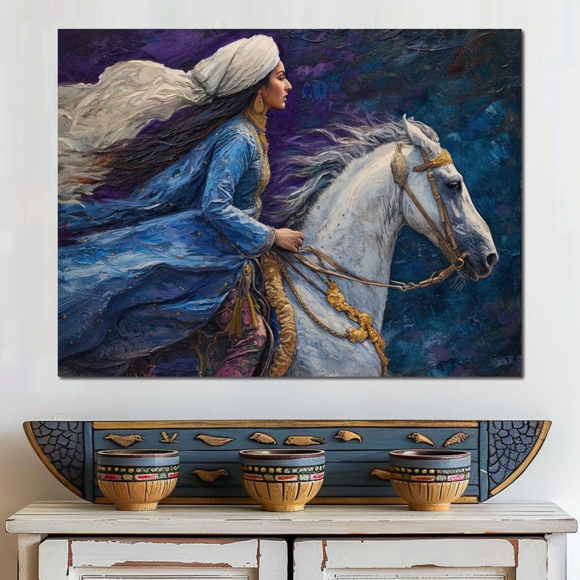 Sapphire Rider Woman In Blue On White Horse Majestic Equestrian Poster - Image 3